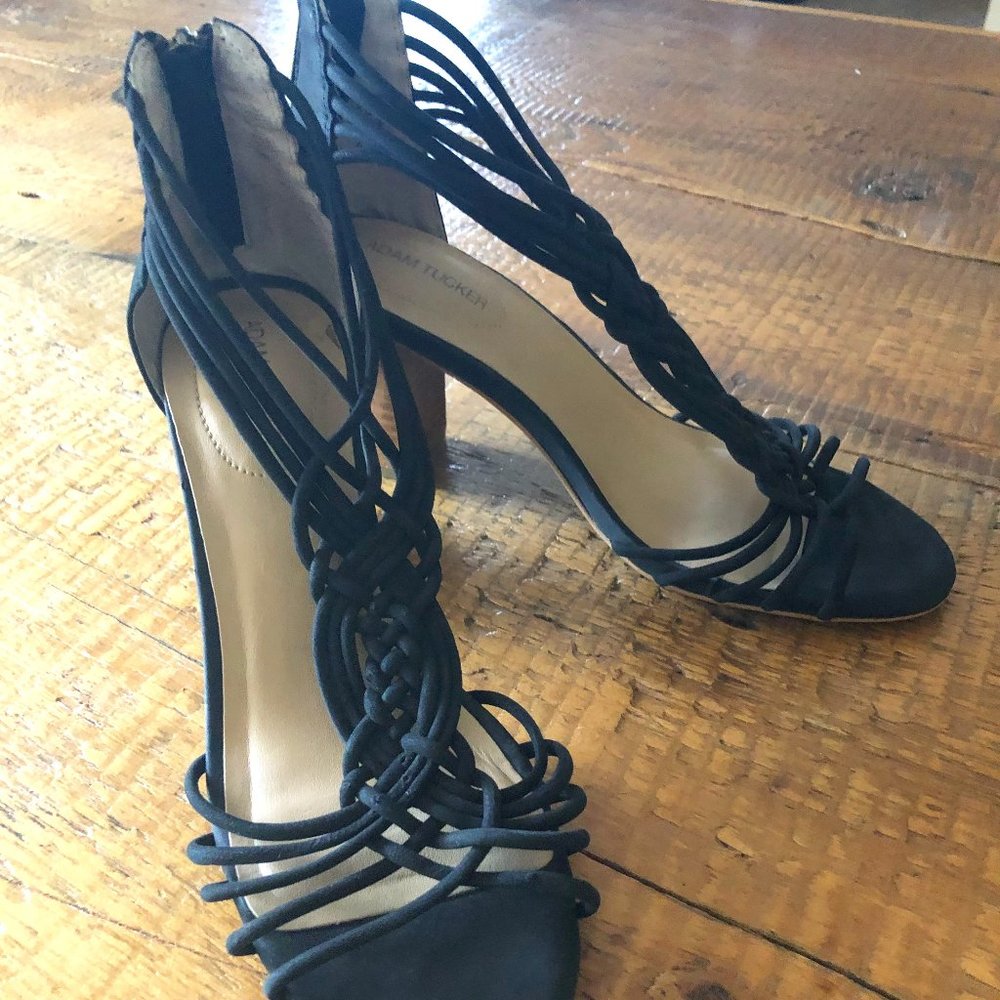 Adam Tucker Morgan Black Woven Leather Block Heel Sandal